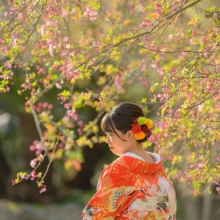 鎌倉 和洋装 T様・Y様 2021.03.20 妙本寺のピンクの春の花の下で、赤い色打掛姿の新婦が横顔を見せる鎌倉和装前撮りの花嫁ソロ