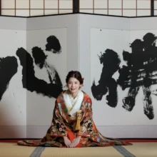 鎌倉和洋装 Y様・Y様 2026.08.08 円覚寺の書を飾った屏風の前で正座する色打掛姿の花嫁、和の空間を生かした鎌倉和装前撮り