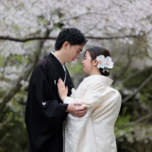 鎌倉 和装 S様・B様 2026.04.01 建長寺の満開の桜の下で、額を寄せて見つめ合う黒紋付袴の新郎と白無垢の新婦の鎌倉和装前撮り